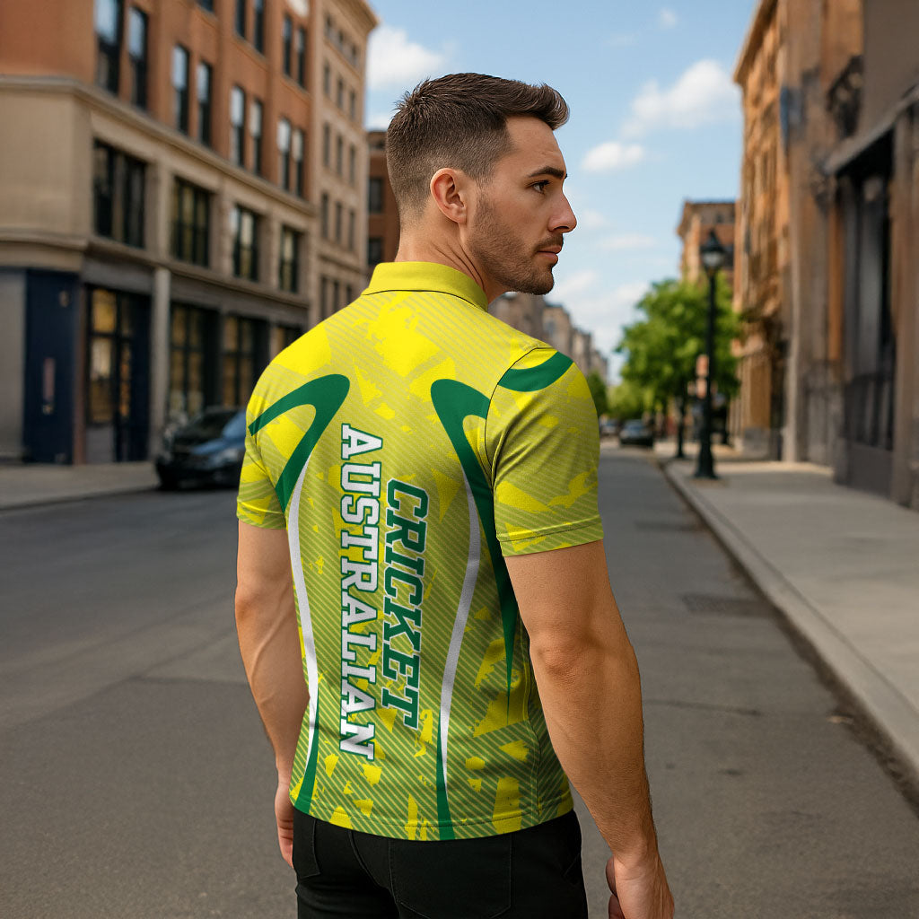 Cricket Australian Zipper Polo Shirt Map Silhouette With Green And Gold Geometric Pattern