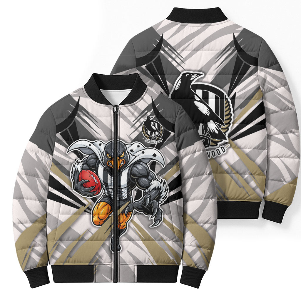 Collingwood Magpies Australian Football Bomber Puffer Jacket Powerful Muscle Mascot - Bold Team Colors