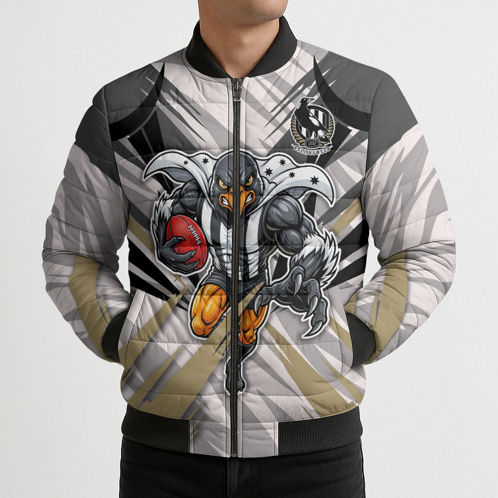 Collingwood Magpies Australian Football Bomber Puffer Jacket Powerful Muscle Mascot - Bold Team Colors