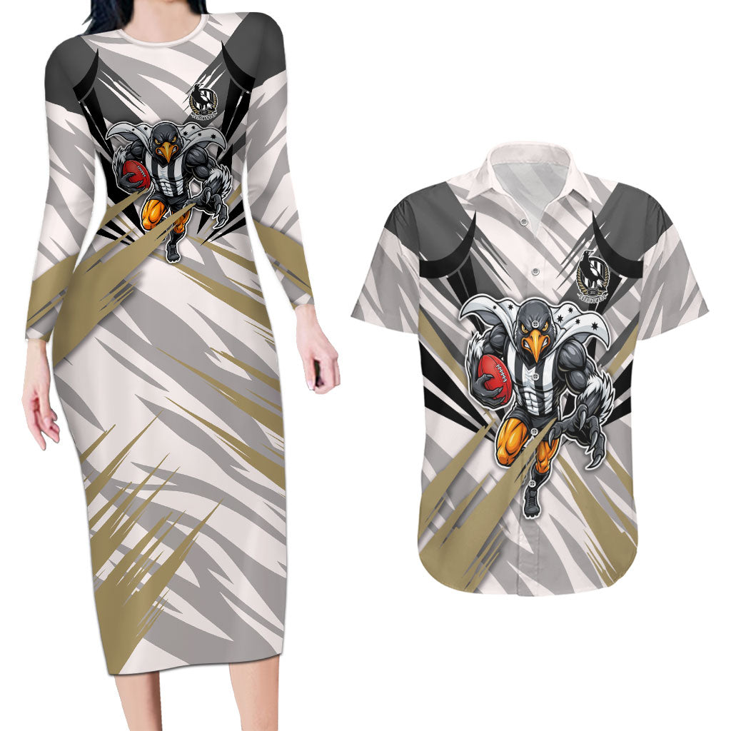 Collingwood Magpies Australian Football Couples Matching Long Sleeve Bodycon Dress and Hawaiian Shirt Powerful Muscle Mascot - Bold Team Colors