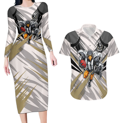Collingwood Magpies Australian Football Couples Matching Long Sleeve Bodycon Dress and Hawaiian Shirt Powerful Muscle Mascot - Bold Team Colors