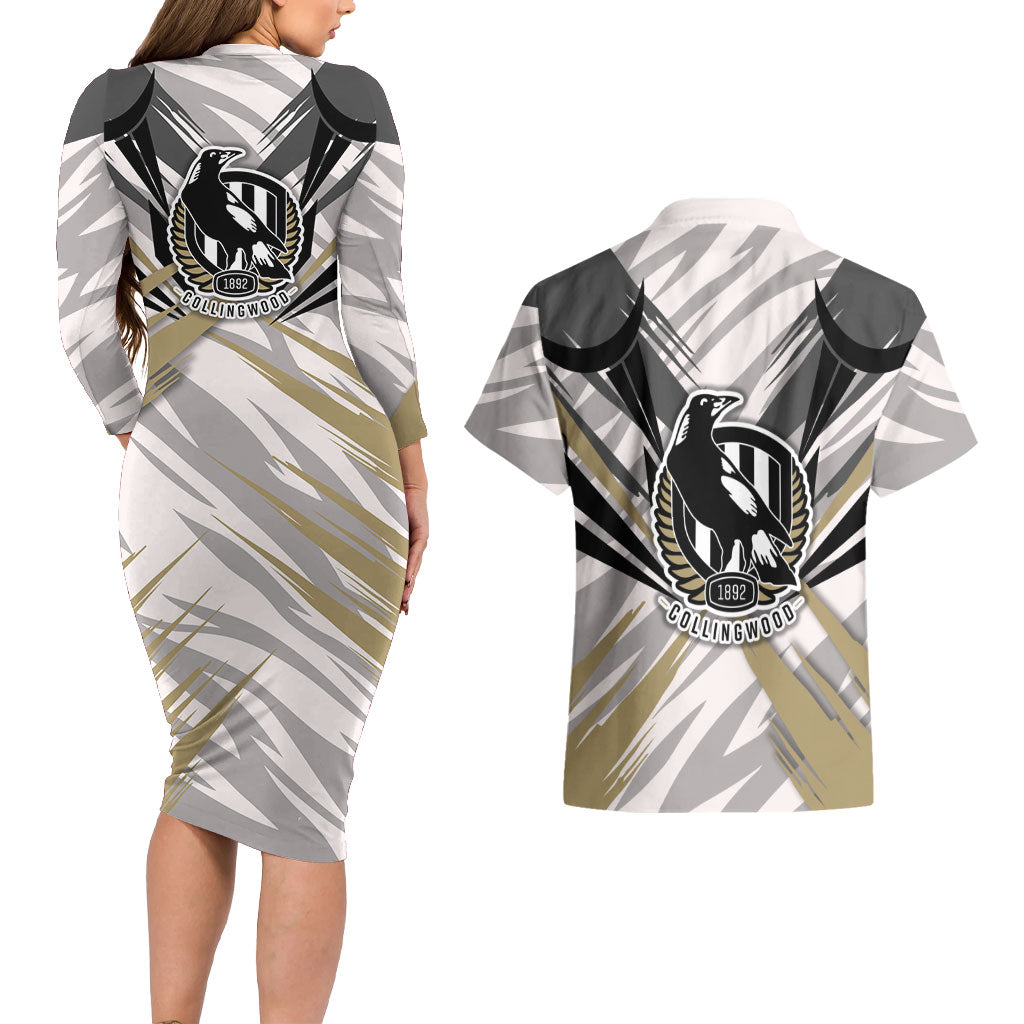 Collingwood Magpies Australian Football Couples Matching Long Sleeve Bodycon Dress and Hawaiian Shirt Powerful Muscle Mascot - Bold Team Colors