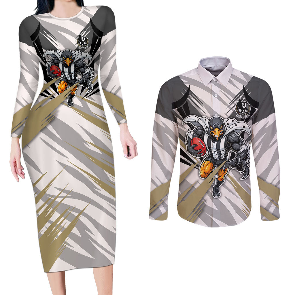 Collingwood Magpies Australian Football Couples Matching Long Sleeve Bodycon Dress and Long Sleeve Button Shirt Powerful Muscle Mascot - Bold Team Colors
