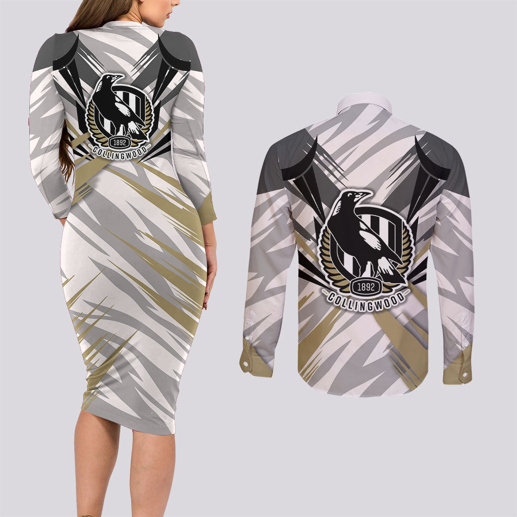 Collingwood Magpies Australian Football Couples Matching Long Sleeve Bodycon Dress and Long Sleeve Button Shirt Powerful Muscle Mascot - Bold Team Colors