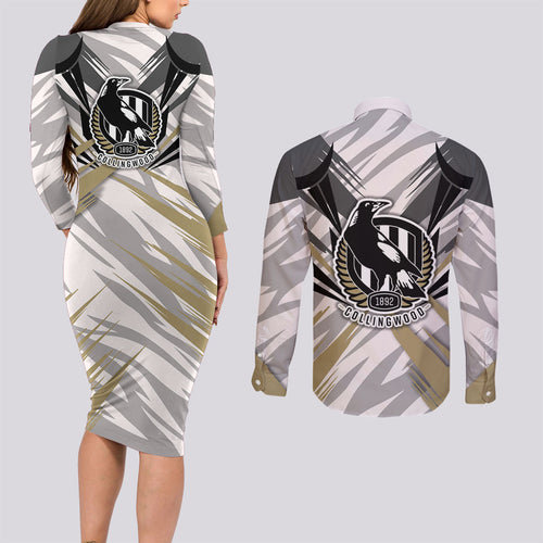 Collingwood Magpies Australian Football Couples Matching Long Sleeve Bodycon Dress and Long Sleeve Button Shirt Powerful Muscle Mascot - Bold Team Colors