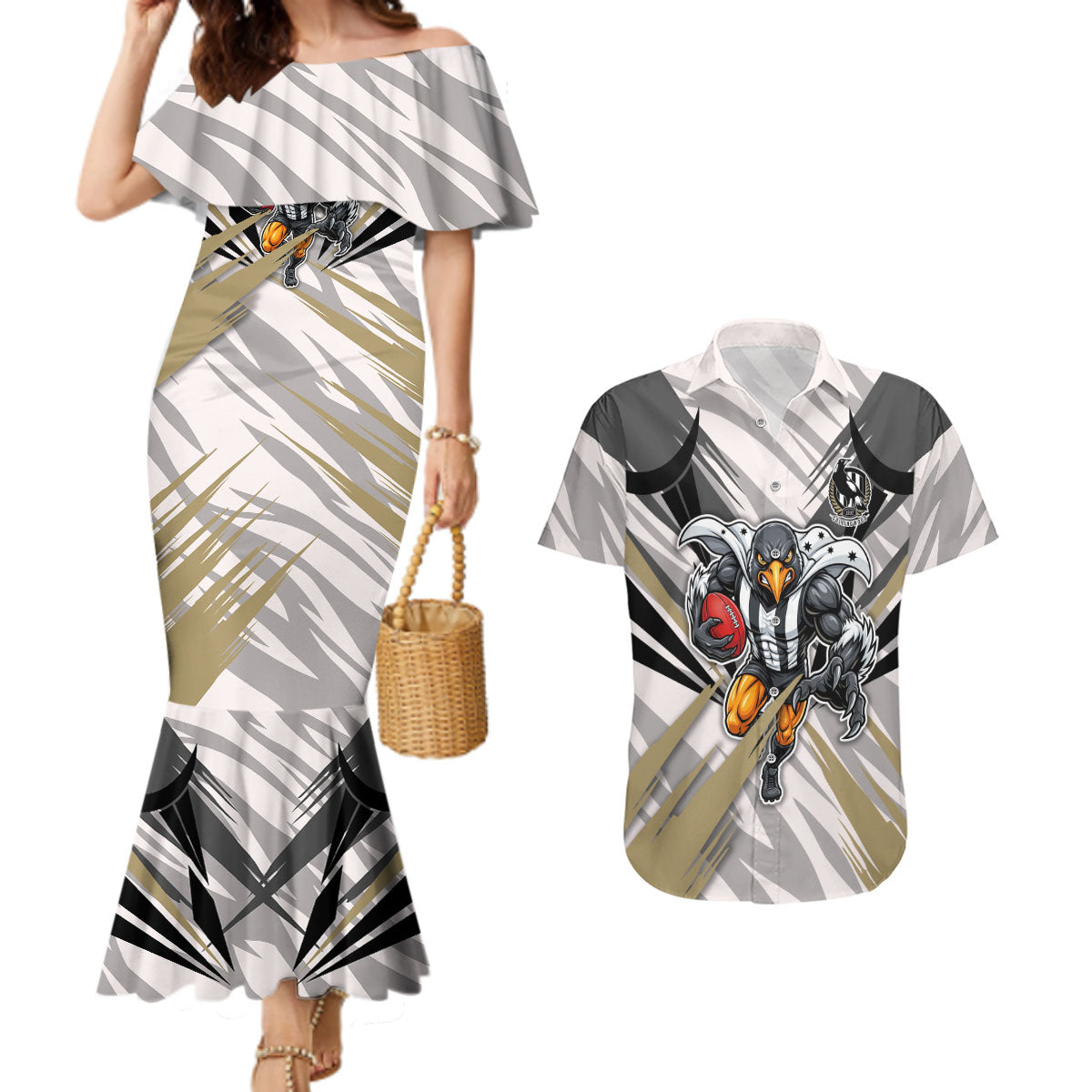 Collingwood Magpies Australian Football Couples Matching Mermaid Dress and Hawaiian Shirt Powerful Muscle Mascot - Bold Team Colors