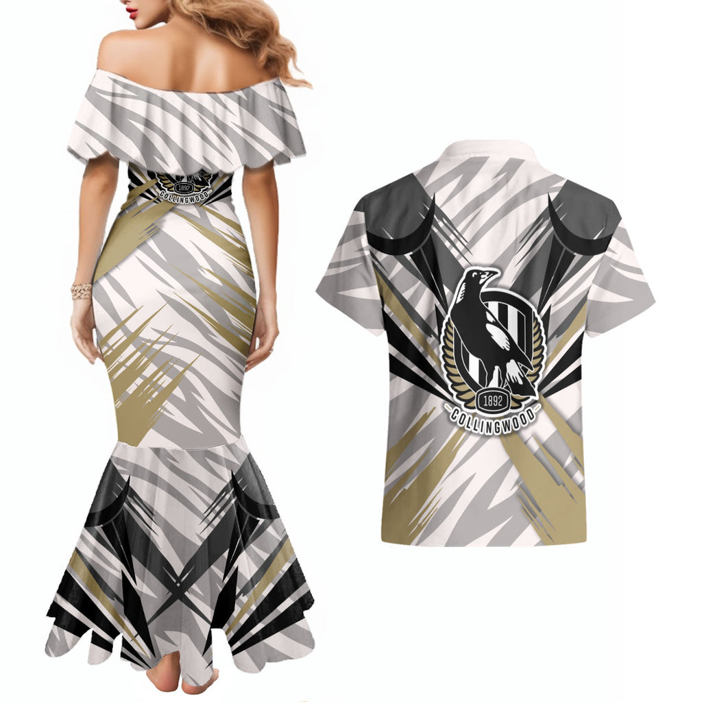 Collingwood Magpies Australian Football Couples Matching Mermaid Dress and Hawaiian Shirt Powerful Muscle Mascot - Bold Team Colors