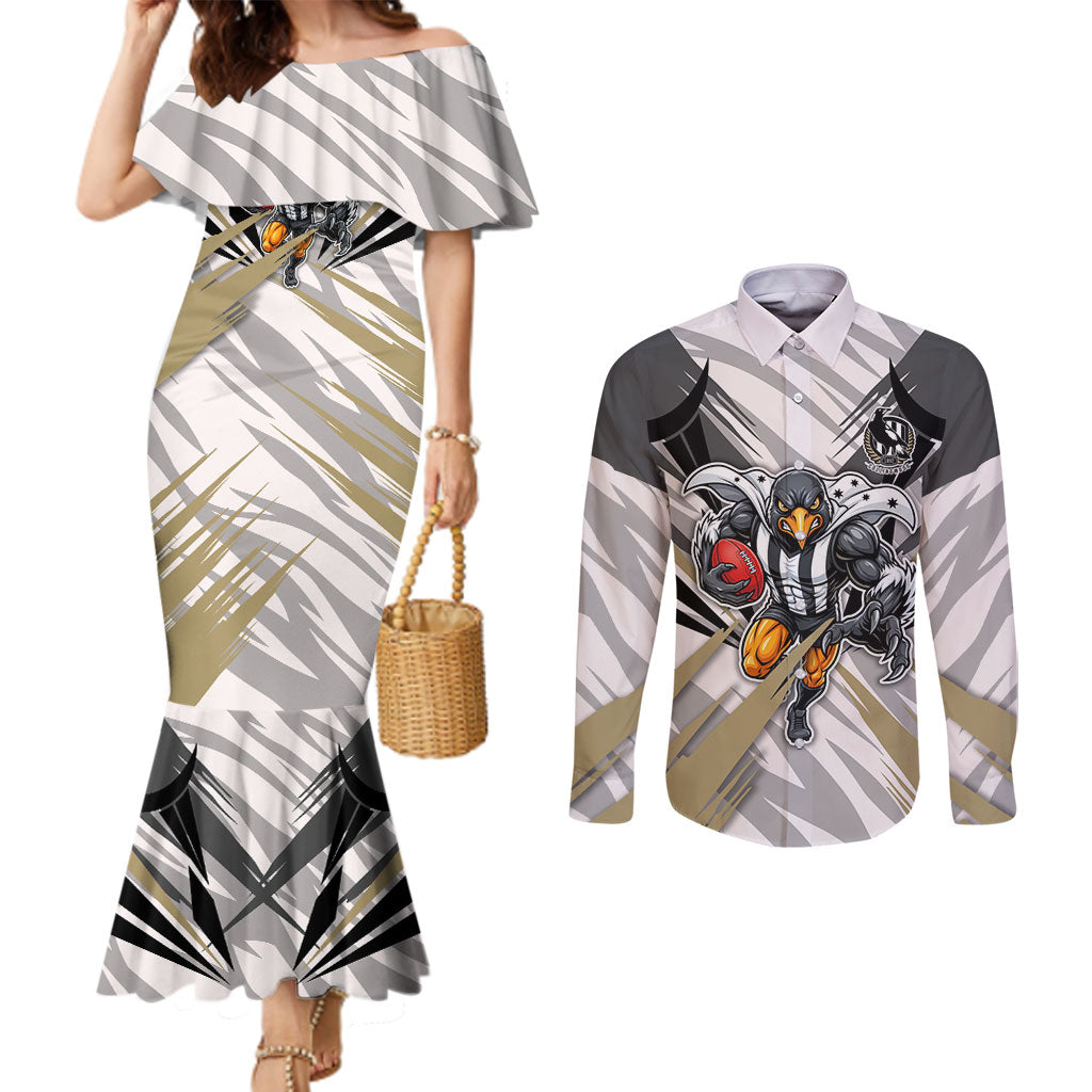 Collingwood Magpies Australian Football Couples Matching Mermaid Dress and Long Sleeve Button Shirt Powerful Muscle Mascot - Bold Team Colors