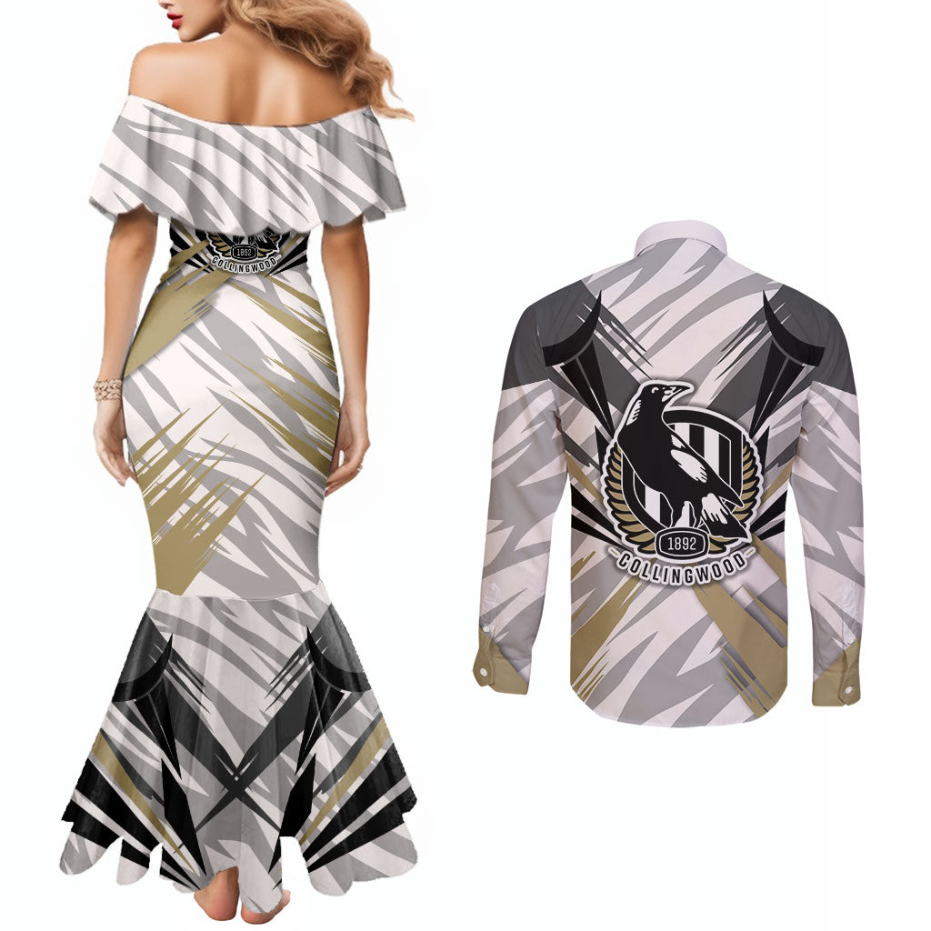 Collingwood Magpies Australian Football Couples Matching Mermaid Dress and Long Sleeve Button Shirt Powerful Muscle Mascot - Bold Team Colors