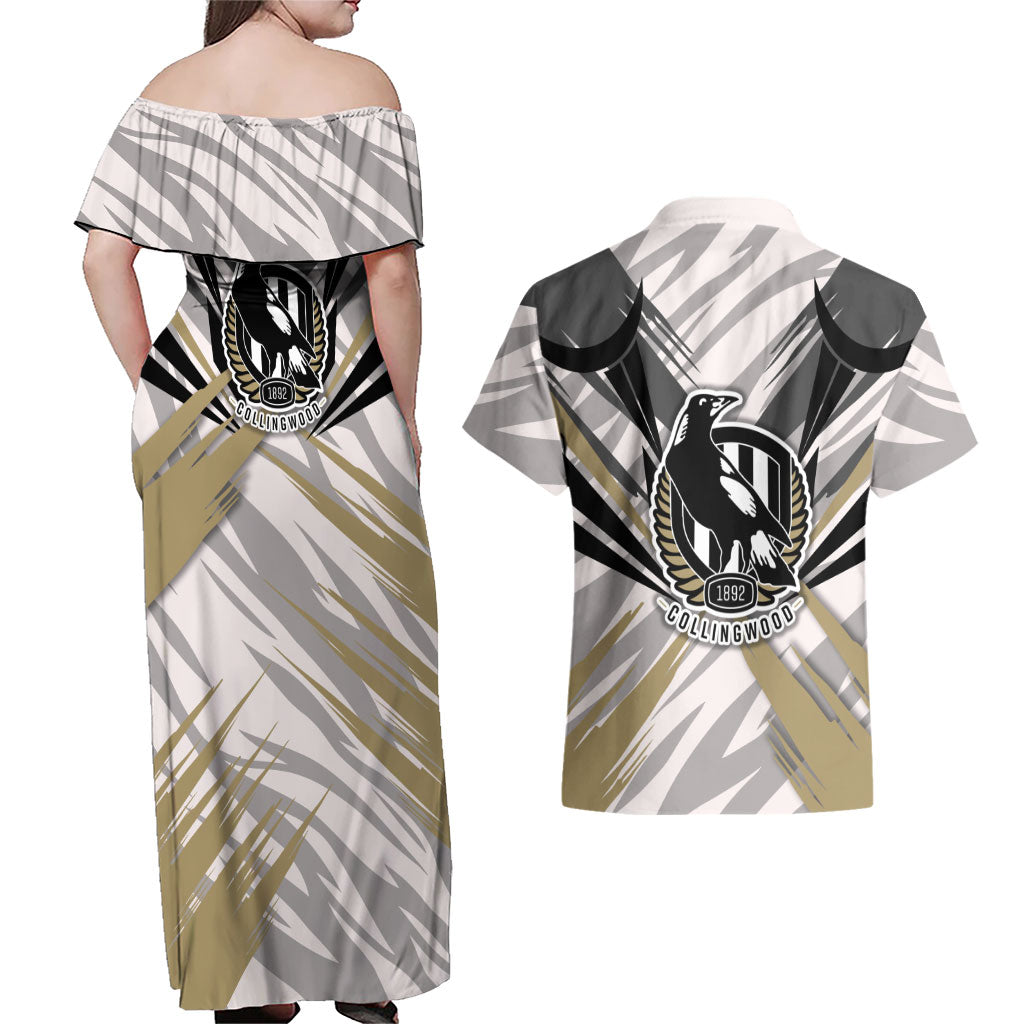 Collingwood Magpies Australian Football Couples Matching Off Shoulder Maxi Dress and Hawaiian Shirt Powerful Muscle Mascot - Bold Team Colors