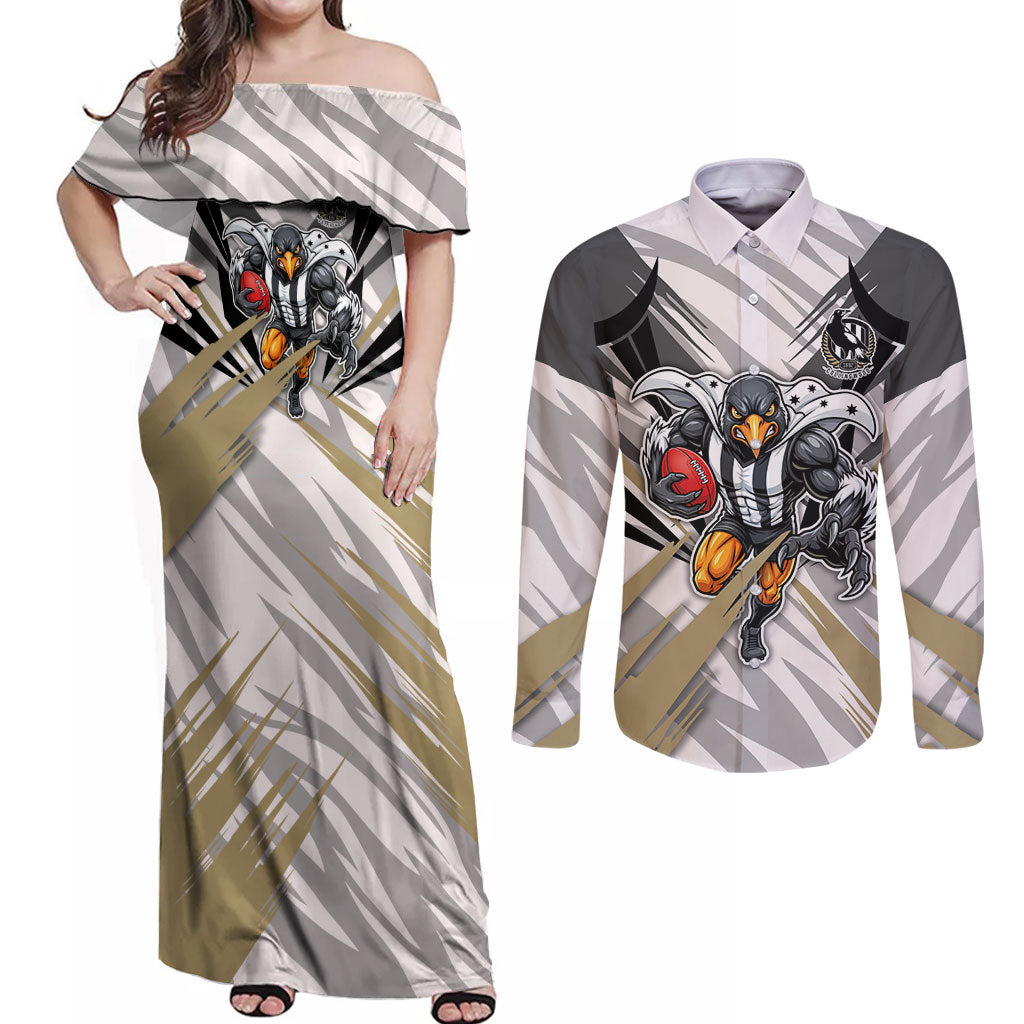 Collingwood Magpies Australian Football Couples Matching Off Shoulder Maxi Dress and Long Sleeve Button Shirt Powerful Muscle Mascot - Bold Team Colors