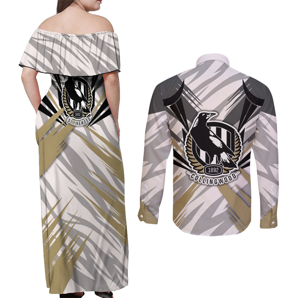 Collingwood Magpies Australian Football Couples Matching Off Shoulder Maxi Dress and Long Sleeve Button Shirt Powerful Muscle Mascot - Bold Team Colors
