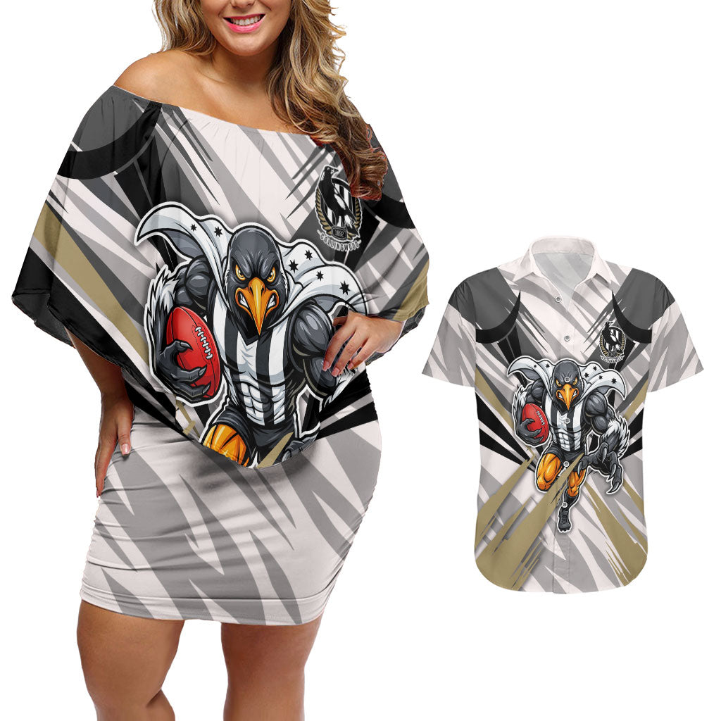 Collingwood Magpies Australian Football Couples Matching Off Shoulder Short Dress and Hawaiian Shirt Powerful Muscle Mascot - Bold Team Colors