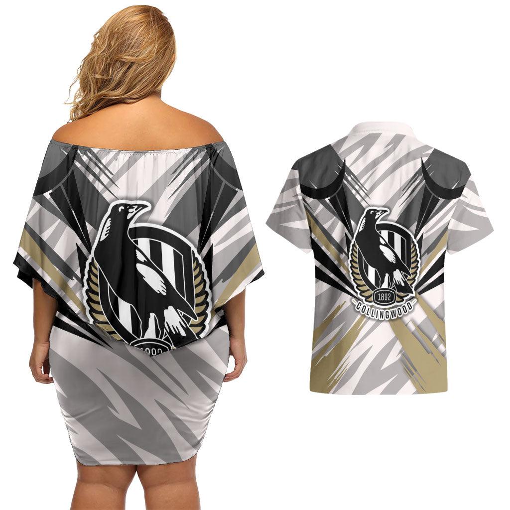 Collingwood Magpies Australian Football Couples Matching Off Shoulder Short Dress and Hawaiian Shirt Powerful Muscle Mascot - Bold Team Colors