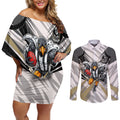 Collingwood Magpies Australian Football Couples Matching Off Shoulder Short Dress and Long Sleeve Button Shirt Powerful Muscle Mascot - Bold Team Colors