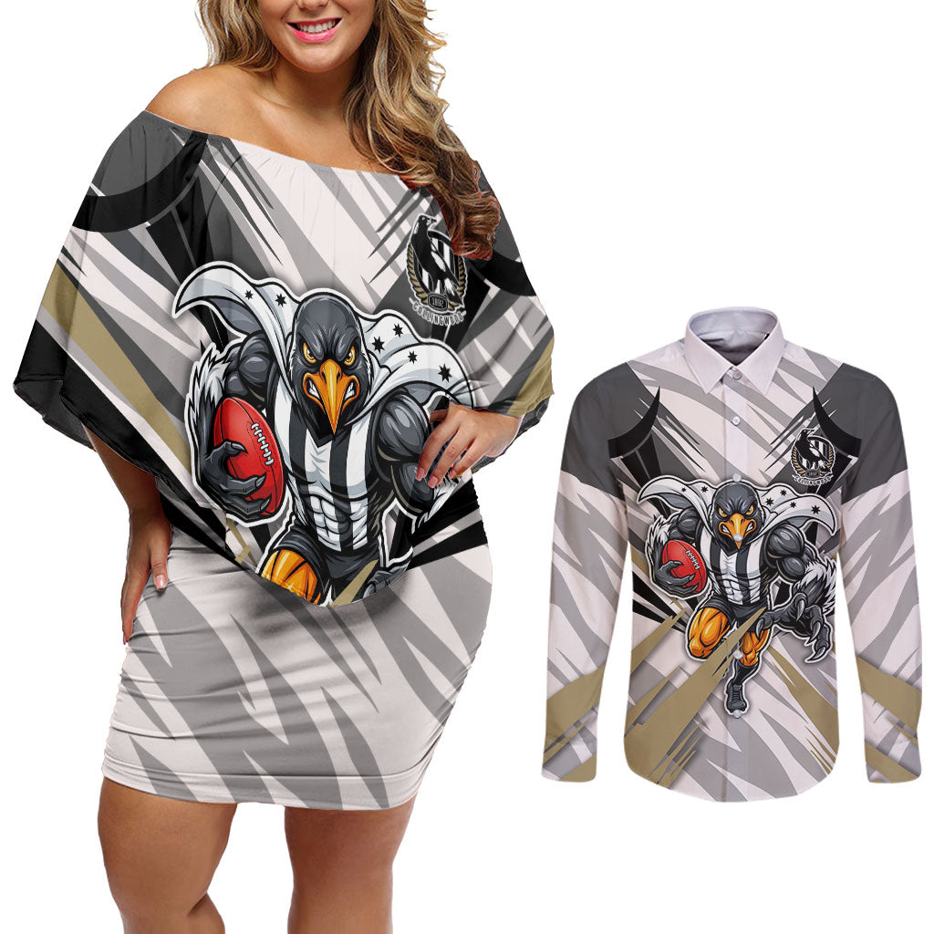 Collingwood Magpies Australian Football Couples Matching Off Shoulder Short Dress and Long Sleeve Button Shirt Powerful Muscle Mascot - Bold Team Colors
