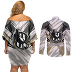Collingwood Magpies Australian Football Couples Matching Off Shoulder Short Dress and Long Sleeve Button Shirt Powerful Muscle Mascot - Bold Team Colors