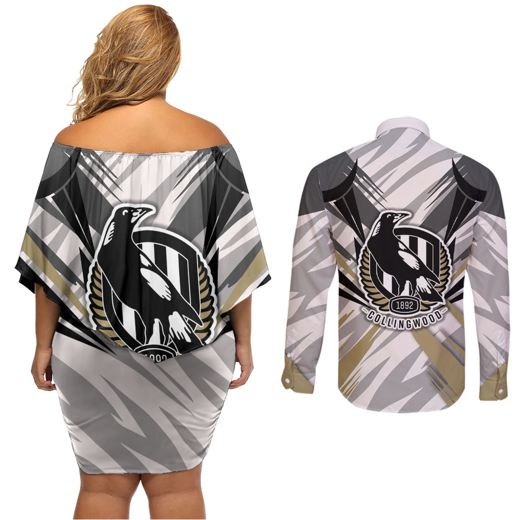Collingwood Magpies Australian Football Couples Matching Off Shoulder Short Dress and Long Sleeve Button Shirt Powerful Muscle Mascot - Bold Team Colors