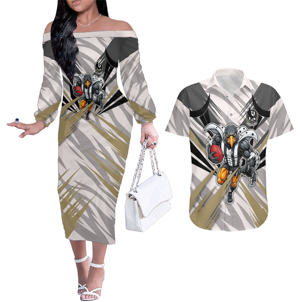 Collingwood Magpies Australian Football Couples Matching Off The Shoulder Long Sleeve Dress and Hawaiian Shirt Powerful Muscle Mascot - Bold Team Colors