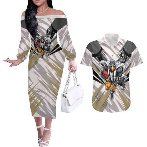 Collingwood Magpies Australian Football Couples Matching Off The Shoulder Long Sleeve Dress and Hawaiian Shirt Powerful Muscle Mascot - Bold Team Colors