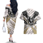 Collingwood Magpies Australian Football Couples Matching Off The Shoulder Long Sleeve Dress and Hawaiian Shirt Powerful Muscle Mascot - Bold Team Colors
