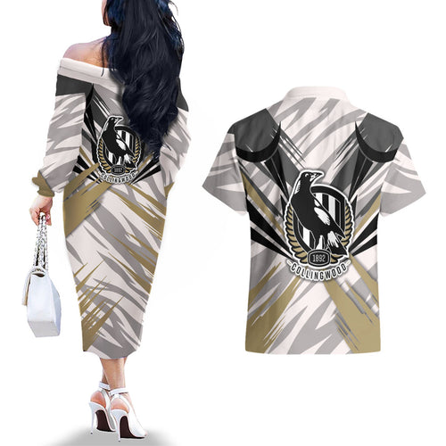 Collingwood Magpies Australian Football Couples Matching Off The Shoulder Long Sleeve Dress and Hawaiian Shirt Powerful Muscle Mascot - Bold Team Colors