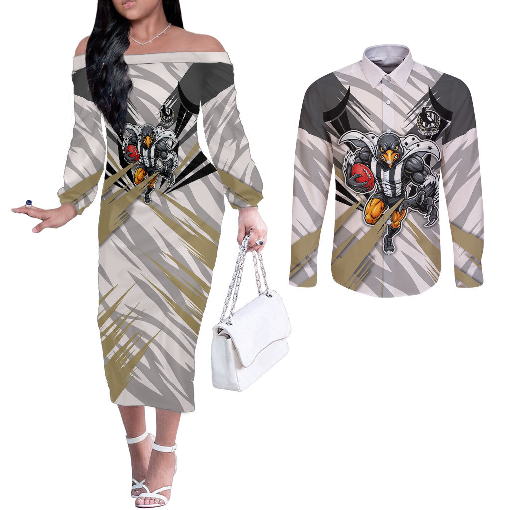 Collingwood Magpies Australian Football Couples Matching Off The Shoulder Long Sleeve Dress and Long Sleeve Button Shirt Powerful Muscle Mascot - Bold Team Colors