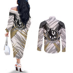 Collingwood Magpies Australian Football Couples Matching Off The Shoulder Long Sleeve Dress and Long Sleeve Button Shirt Powerful Muscle Mascot - Bold Team Colors