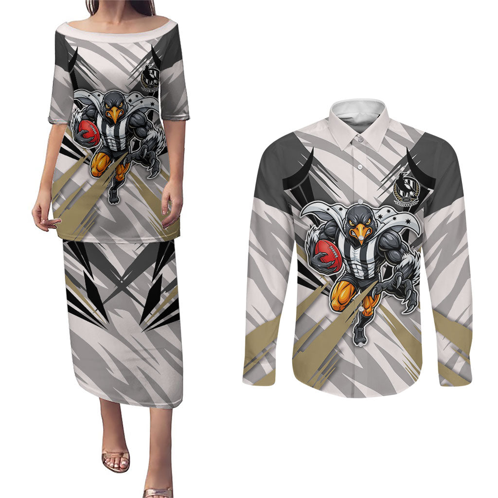 Collingwood Magpies Australian Football Couples Matching Puletasi and Long Sleeve Button Shirt Powerful Muscle Mascot - Bold Team Colors