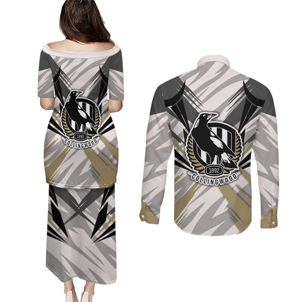 Collingwood Magpies Australian Football Couples Matching Puletasi and Long Sleeve Button Shirt Powerful Muscle Mascot - Bold Team Colors