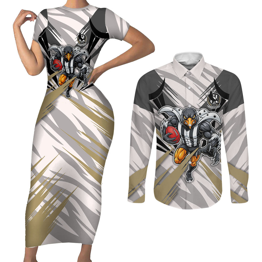 Collingwood Magpies Australian Football Couples Matching Short Sleeve Bodycon Dress and Long Sleeve Button Shirt Powerful Muscle Mascot - Bold Team Colors