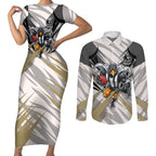 Collingwood Magpies Australian Football Couples Matching Short Sleeve Bodycon Dress and Long Sleeve Button Shirt Powerful Muscle Mascot - Bold Team Colors