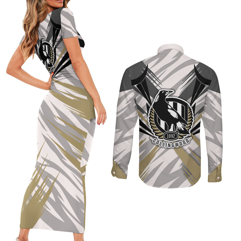 Collingwood Magpies Australian Football Couples Matching Short Sleeve Bodycon Dress and Long Sleeve Button Shirt Powerful Muscle Mascot - Bold Team Colors
