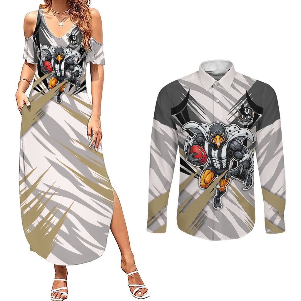 Collingwood Magpies Australian Football Couples Matching Summer Maxi Dress and Long Sleeve Button Shirt Powerful Muscle Mascot - Bold Team Colors