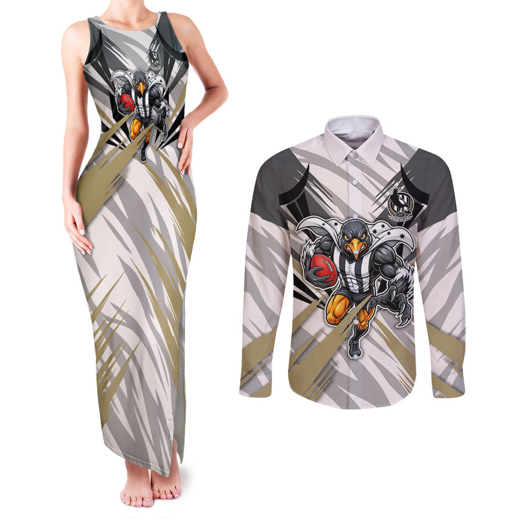 Collingwood Magpies Australian Football Couples Matching Tank Maxi Dress and Long Sleeve Button Shirt Powerful Muscle Mascot - Bold Team Colors