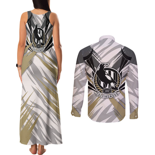 Collingwood Magpies Australian Football Couples Matching Tank Maxi Dress and Long Sleeve Button Shirt Powerful Muscle Mascot - Bold Team Colors