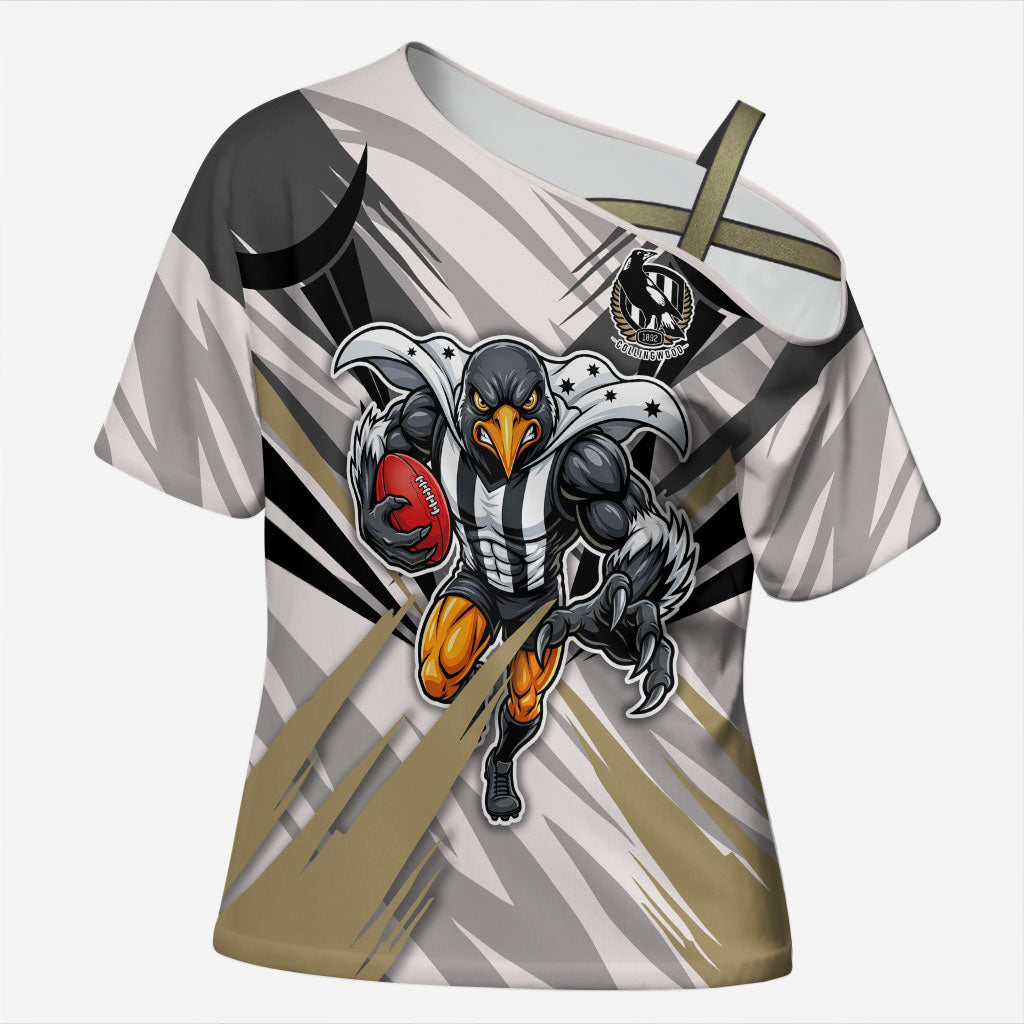 Collingwood Magpies Australian Football Cross Shoulder Shirt Powerful Muscle Mascot - Bold Team Colors