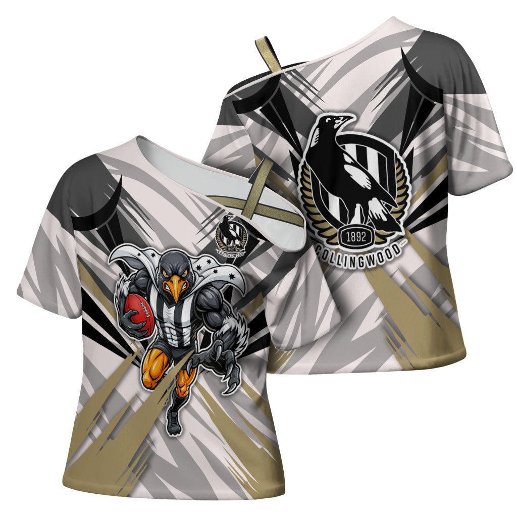 Collingwood Magpies Australian Football Cross Shoulder Shirt Powerful Muscle Mascot - Bold Team Colors