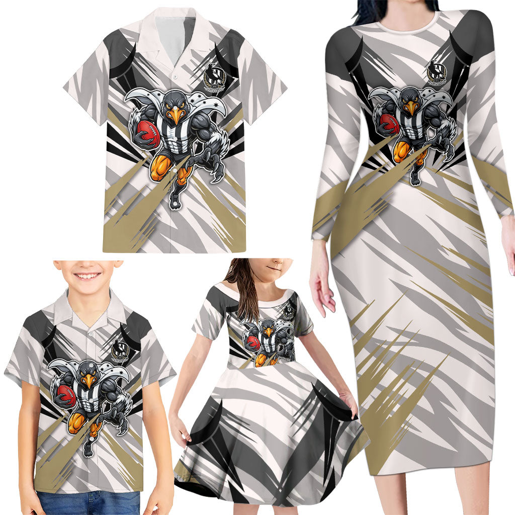 Collingwood Magpies Australian Football Family Matching Long Sleeve Bodycon Dress and Hawaiian Shirt Powerful Muscle Mascot - Bold Team Colors