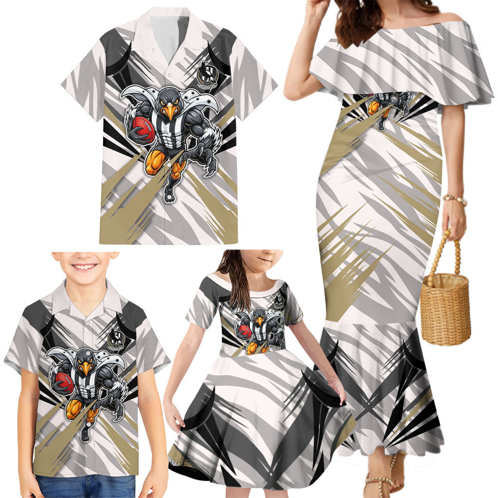 Collingwood Magpies Australian Football Family Matching Mermaid Dress and Hawaiian Shirt Powerful Muscle Mascot - Bold Team Colors