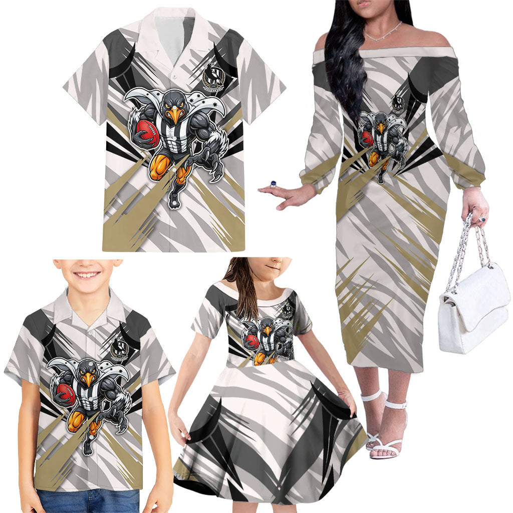 Collingwood Magpies Australian Football Family Matching Off The Shoulder Long Sleeve Dress and Hawaiian Shirt Powerful Muscle Mascot - Bold Team Colors