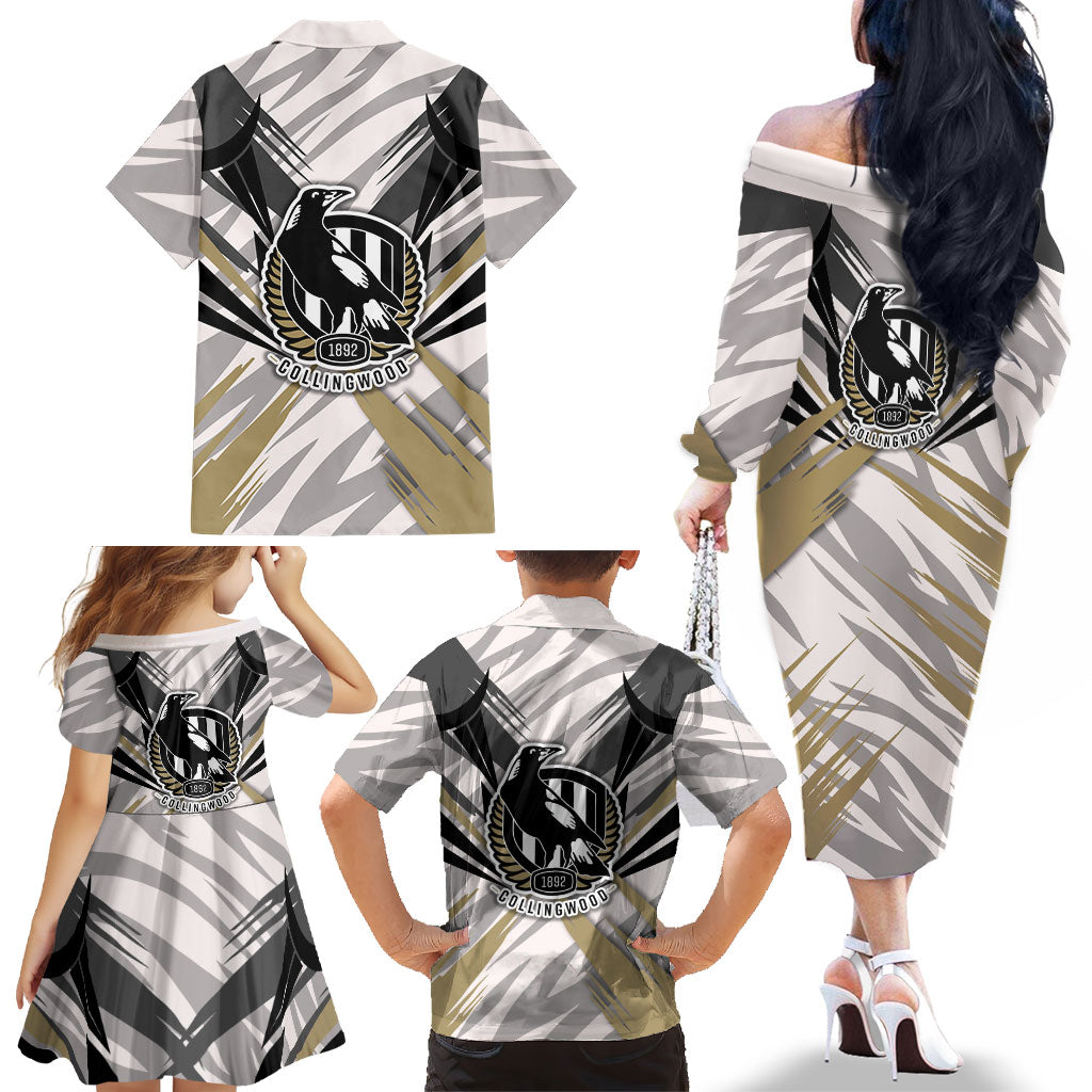 Collingwood Magpies Australian Football Family Matching Off The Shoulder Long Sleeve Dress and Hawaiian Shirt Powerful Muscle Mascot - Bold Team Colors