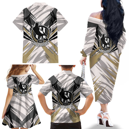 Collingwood Magpies Australian Football Family Matching Off The Shoulder Long Sleeve Dress and Hawaiian Shirt Powerful Muscle Mascot - Bold Team Colors