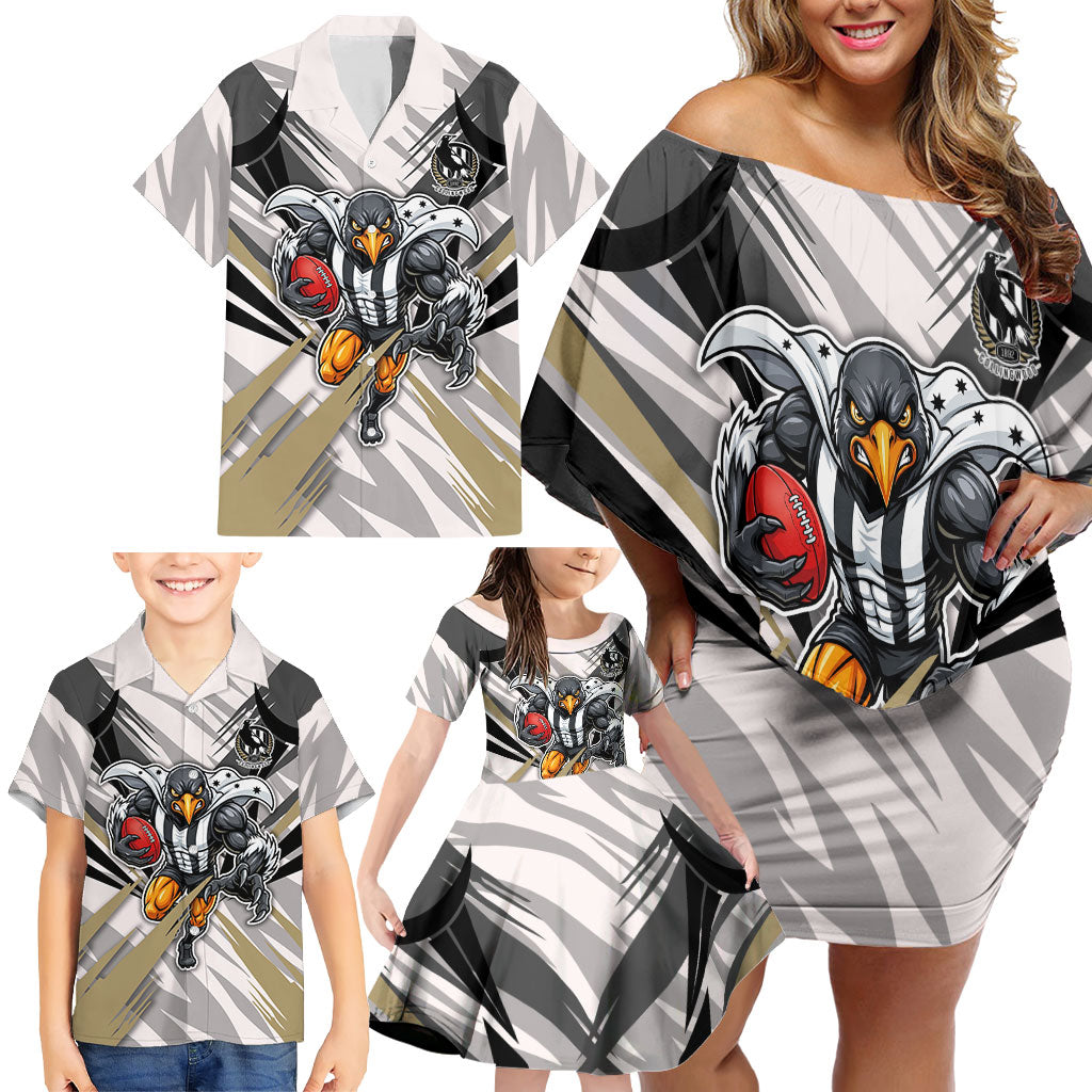 Collingwood Magpies Australian Football Family Matching Off Shoulder Short Dress and Hawaiian Shirt Powerful Muscle Mascot - Bold Team Colors