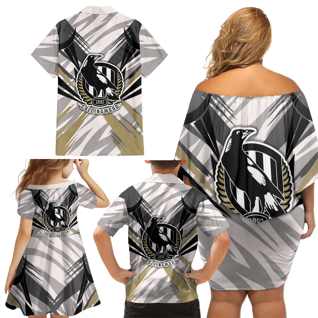 Collingwood Magpies Australian Football Family Matching Off Shoulder Short Dress and Hawaiian Shirt Powerful Muscle Mascot - Bold Team Colors