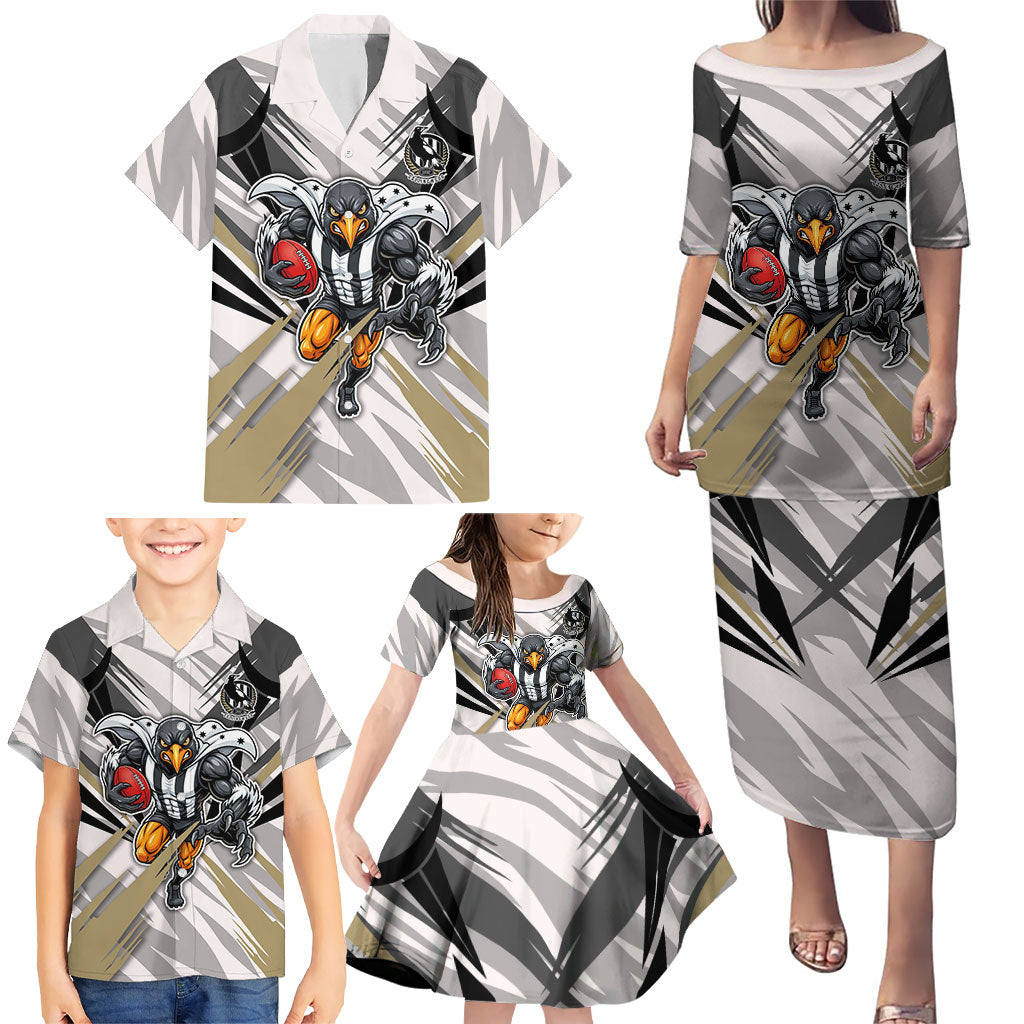 Collingwood Magpies Australian Football Family Matching Puletasi and Hawaiian Shirt Powerful Muscle Mascot - Bold Team Colors