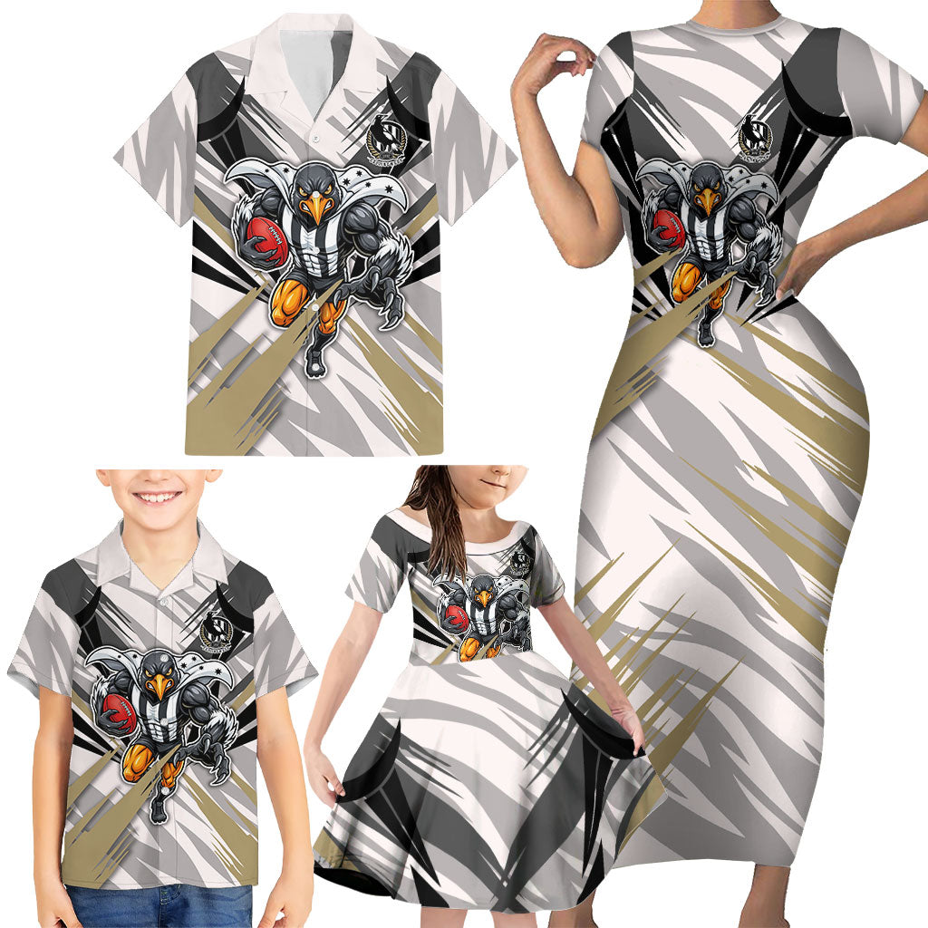Collingwood Magpies Australian Football Family Matching Short Sleeve Bodycon Dress and Hawaiian Shirt Powerful Muscle Mascot - Bold Team Colors