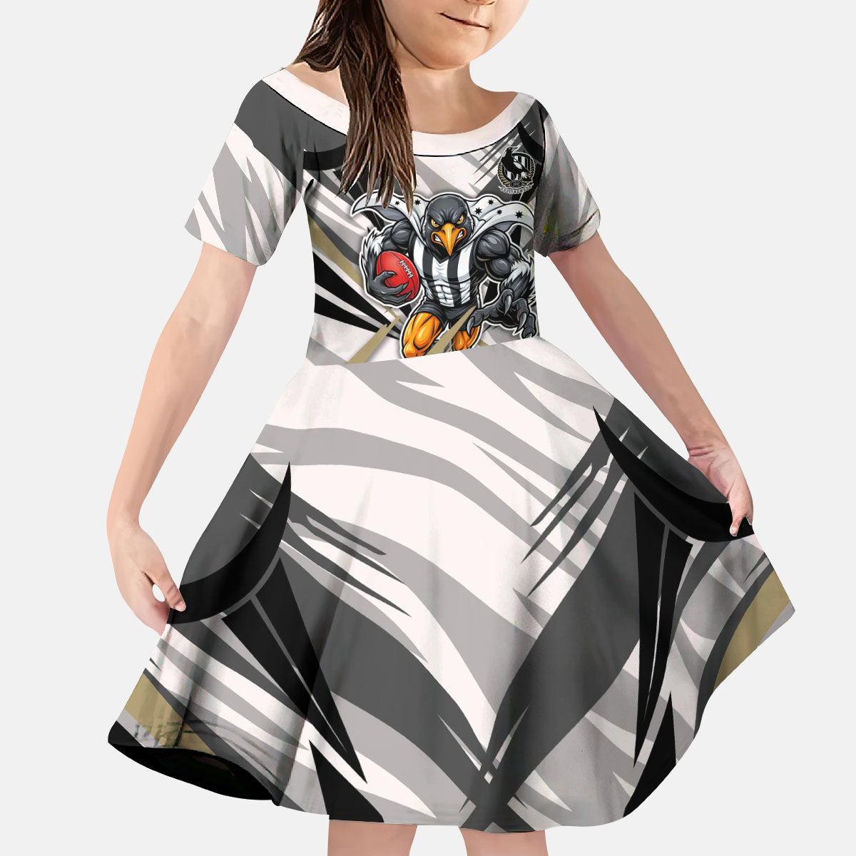 Collingwood Magpies Australian Football Kid Short Sleeve Dress Powerful Muscle Mascot - Bold Team Colors