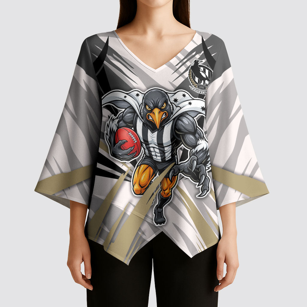 Collingwood Magpies Australian Football Kimono Sleeve Blouse Powerful Muscle Mascot - Bold Team Colors