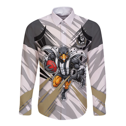 Collingwood Magpies Australian Football Long Sleeve Button Shirt Powerful Muscle Mascot - Bold Team Colors